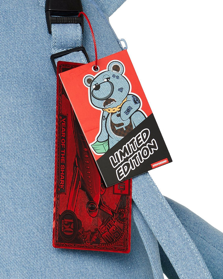 DENIM SHARK MONEYBEAR TEDDY BEAR BACKPACK