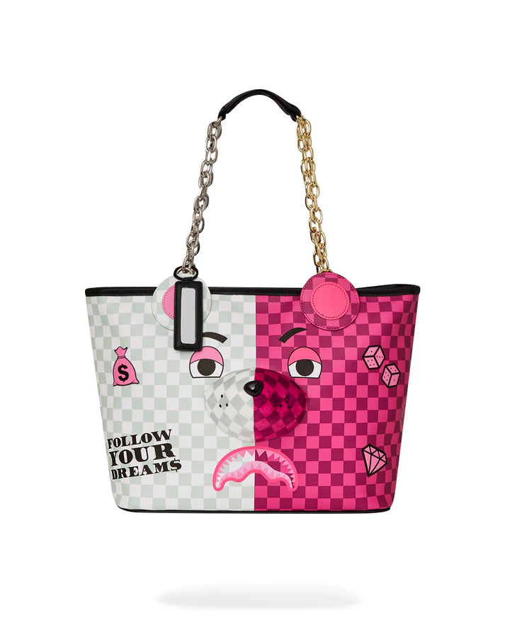 PINK & CREAM CHECK MONEYBEAR HEAD TOTE