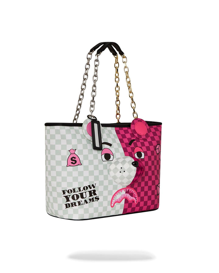 PINK & CREAM CHECK MONEYBEAR HEAD TOTE