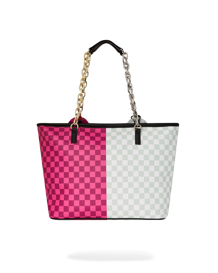PINK & CREAM CHECK MONEYBEAR HEAD TOTE