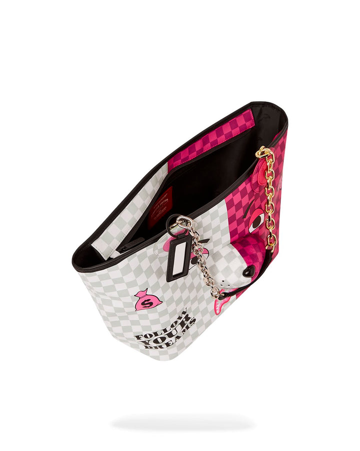 PINK & CREAM CHECK MONEYBEAR HEAD TOTE
