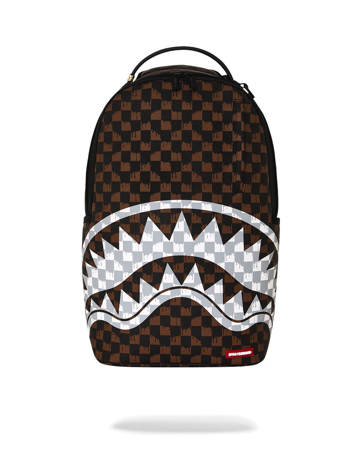 BROWN AND CREAM DRIP CHECK SHARK BACKPACK