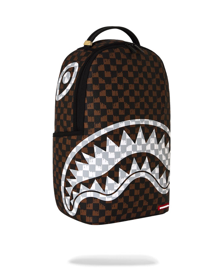 BROWN AND CREAM DRIP CHECK SHARK BACKPACK