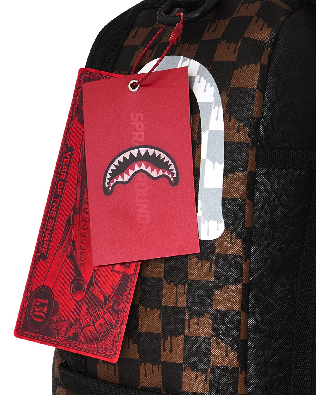 BROWN AND CREAM DRIP CHECK SHARK BACKPACK