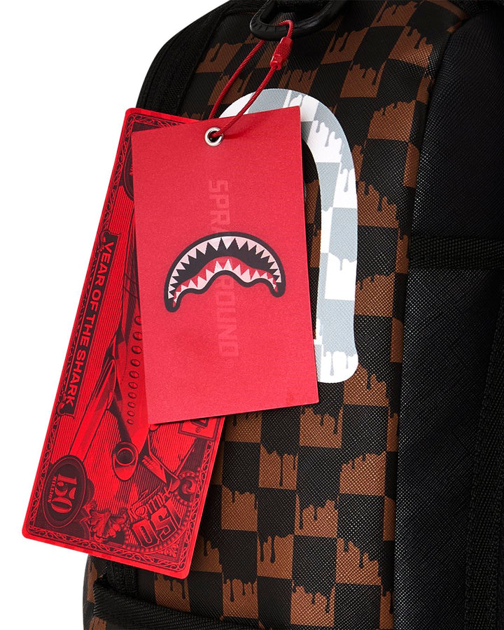 BROWN AND CREAM DRIP CHECK SHARK BACKPACK