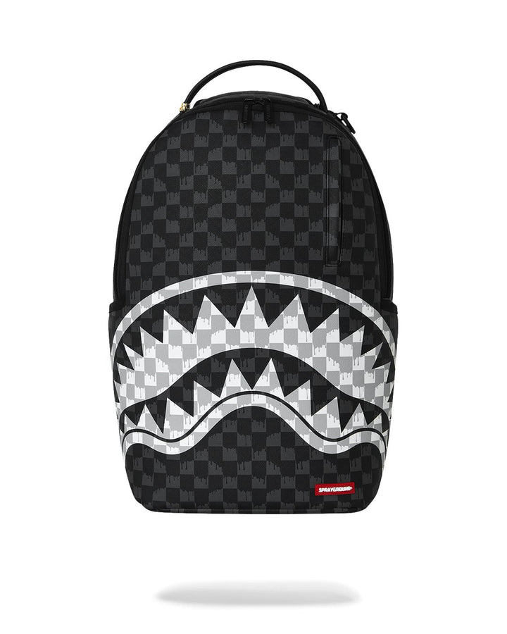 BLACK AND WHITE DRIP CHECK SHARK BACKPACK