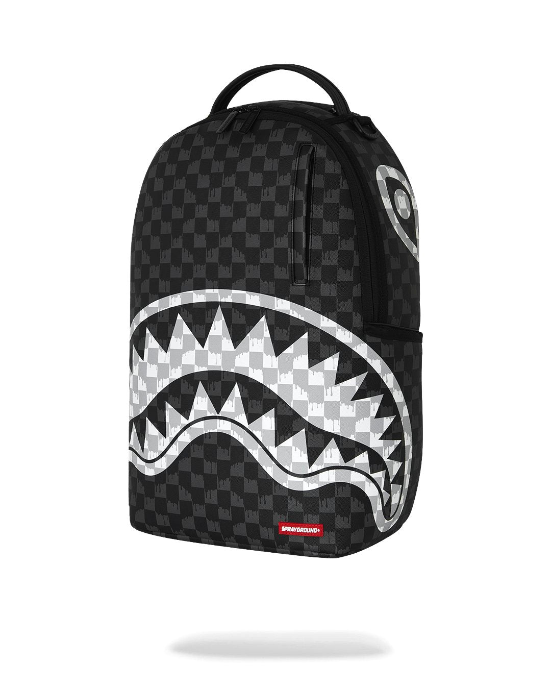 BLACK AND WHITE DRIP CHECK SHARK BACKPACK
