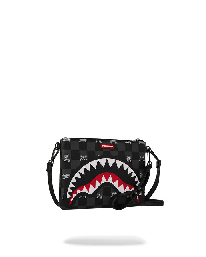 GRAY PEEKING CHARACTER CHECK CROSSBODY POUCHETTE